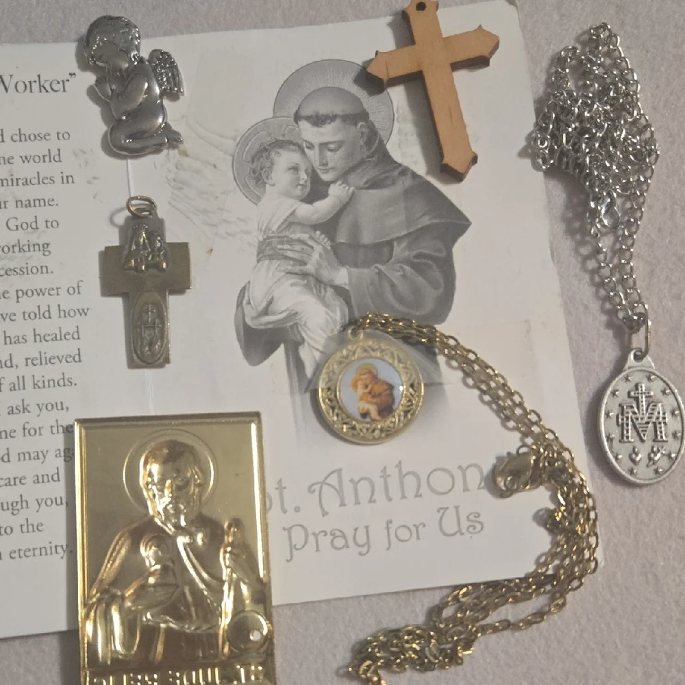 Vintage Goldtone and Silver Religious Pendant Necklace, 2 Crosses Angel 3 Medals